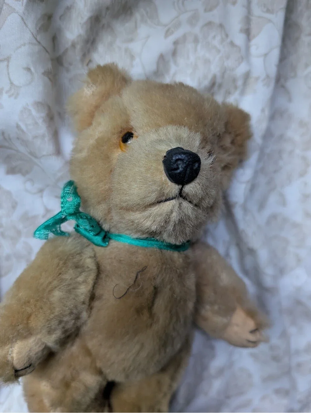 Vintage True Wool Plush Teddy Bear with Green Ribbon